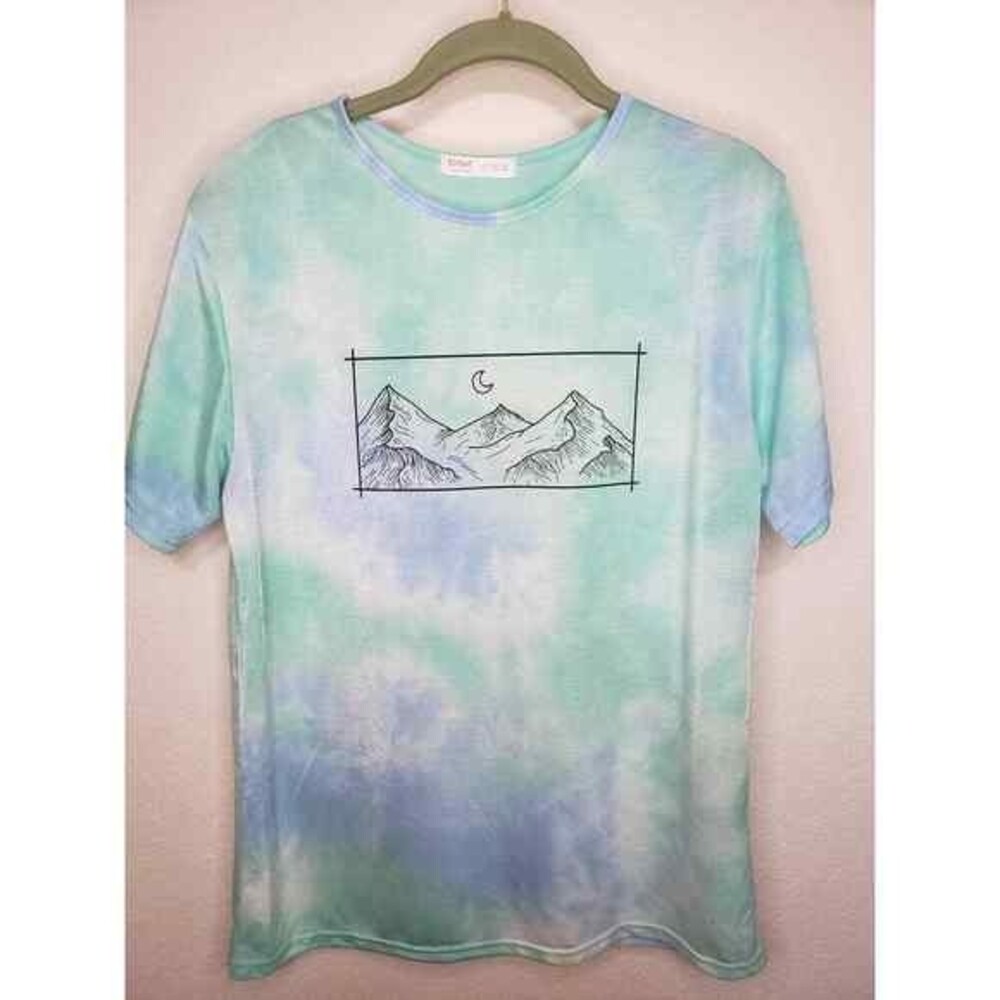 Romwe Cotton Tie Dye Tee Mountain Scene - L